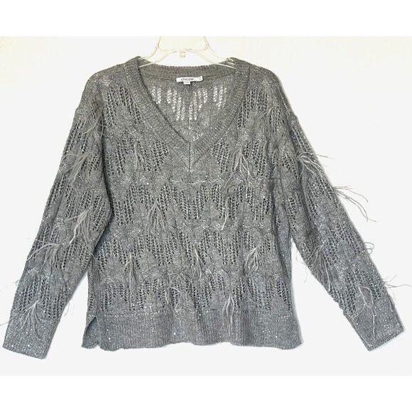 New Chico's Gray Wool blend Sequins Feather Pullover Sweater Top - Picture 2 of 15